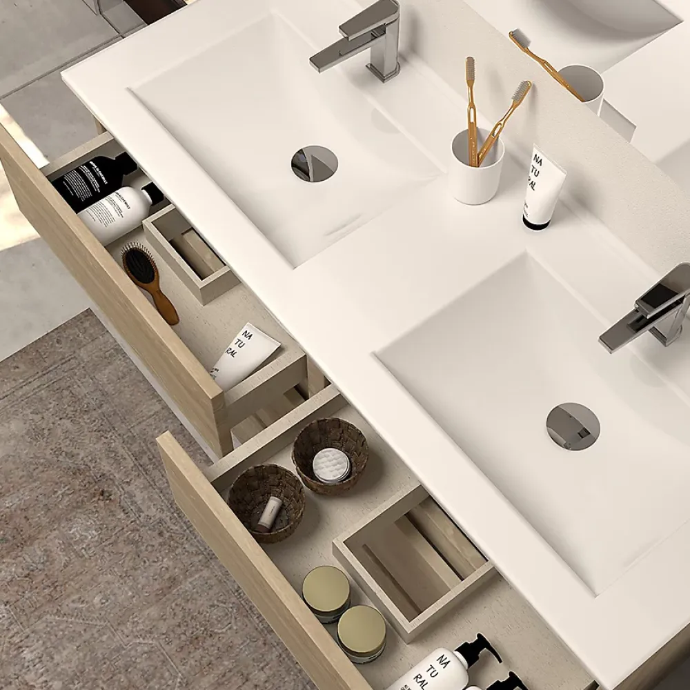 Cosyneo Meuble de salle de bain 120cm double vasque - sans miroir - 6 tiroirs - nebraska (bois clair) - MAYOR
