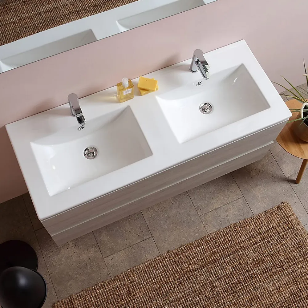 Kiamami Valentina Meuble De Salle De Bain 120Cm Lion Elm Avec Double Vasque Et Miroir 120X60 Berlin