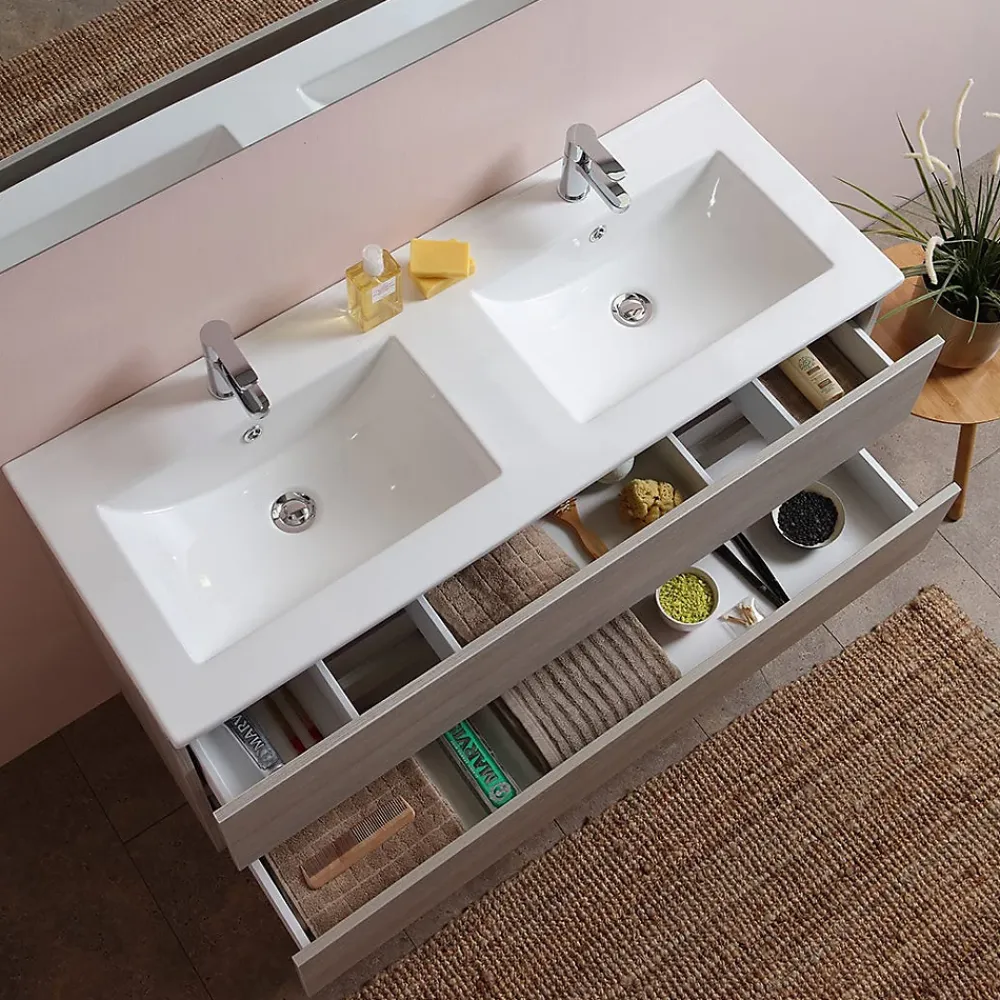 Kiamami Valentina Meuble De Salle De Bain 120Cm Lion Elm Avec Double Vasque Et Miroir 120X60 Berlin