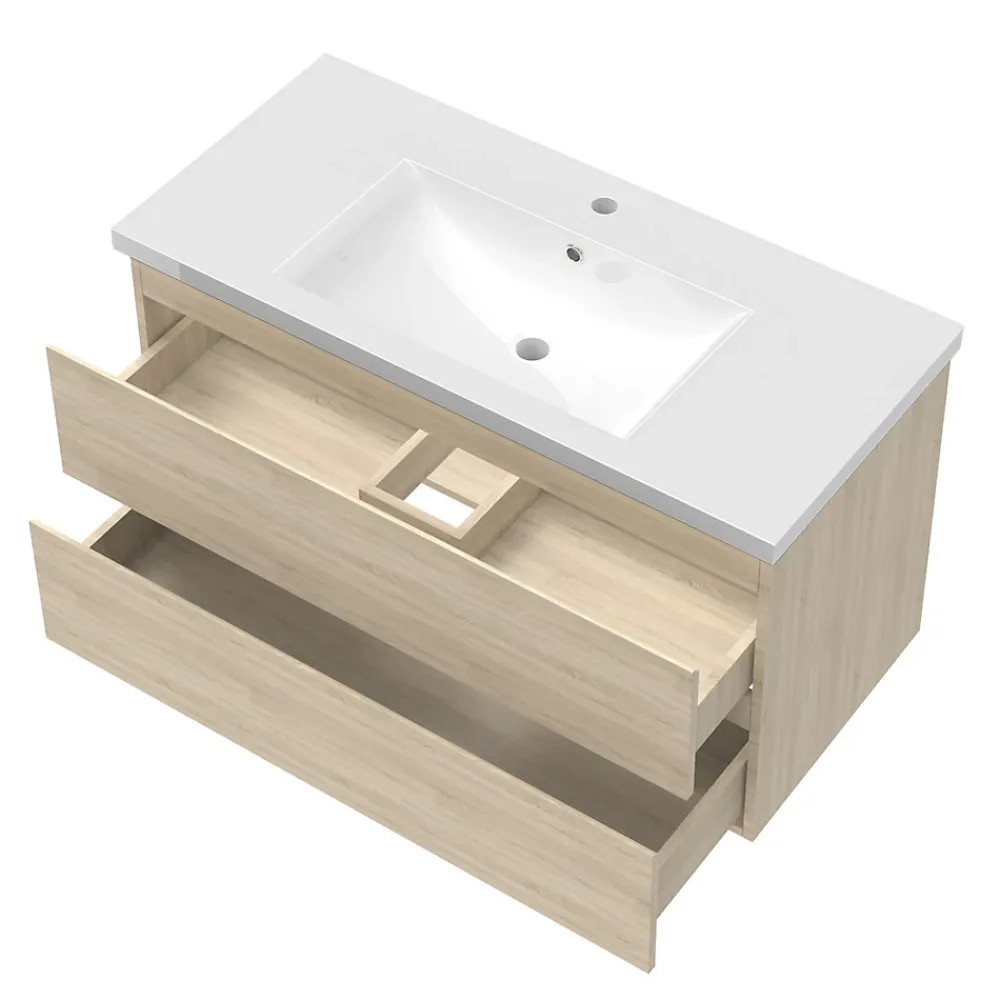 AICA Sanitaire Meuble de salle de bain chêne 100cm, suspendu avec 2 tiroirs