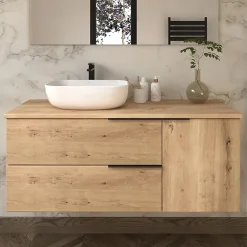 Meuble Vasque|Cosyneo Meuble de salle de bain 100cm avec vasque à poser arrondie - 2 tiroirs - sans miroir - roble (chêne clair) - KING