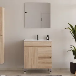 Cosyneo Meuble de salle de bain 60cm sur pieds avec simple vasque - sans miroir - porte et tiroirs - cambrian (chêne clair) - HARO