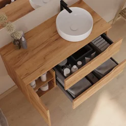 Cosyneo Meuble de salle de bain 100cm avec plateau, vasque à poser à droite Ares et miroir - 2 tiroirs et 1 placard - roble - ZARZA