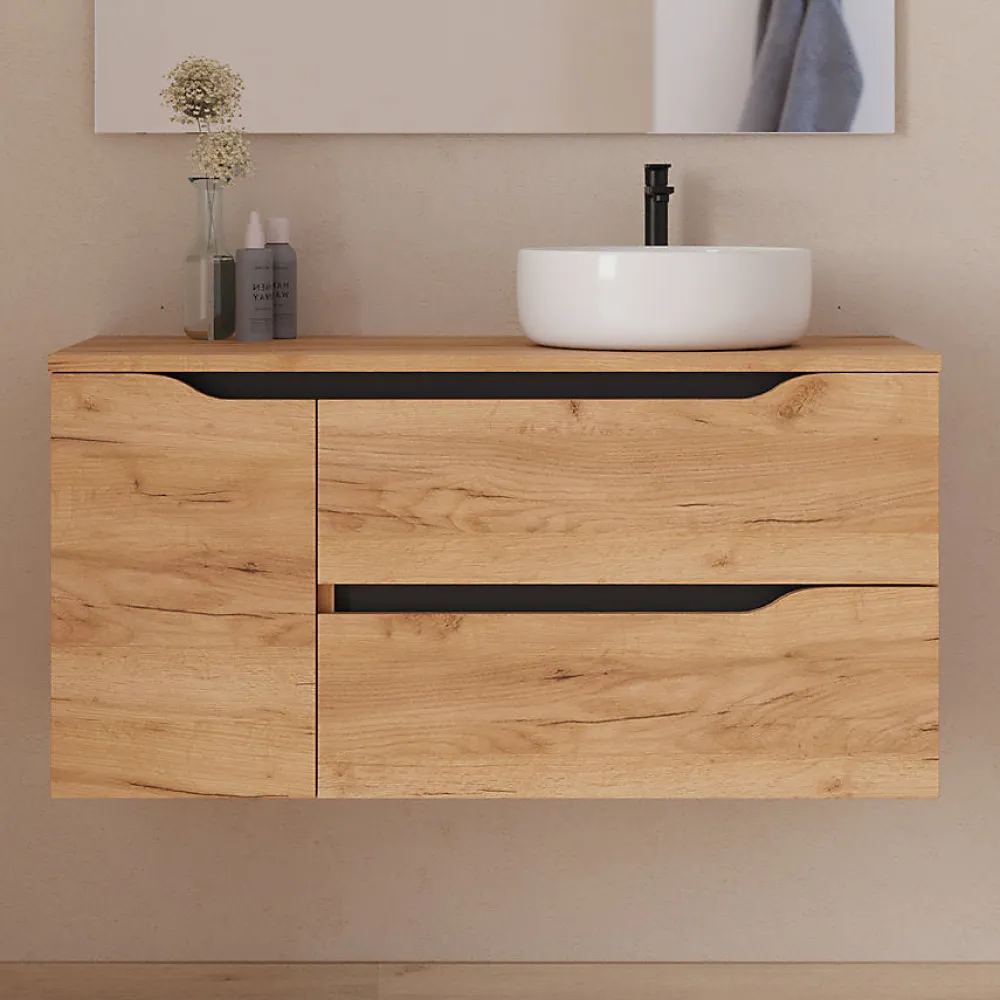 Cosyneo Meuble de salle de bain 100cm avec plateau, vasque à poser à droite Ares et miroir - 2 tiroirs et 1 placard - roble - ZARZA