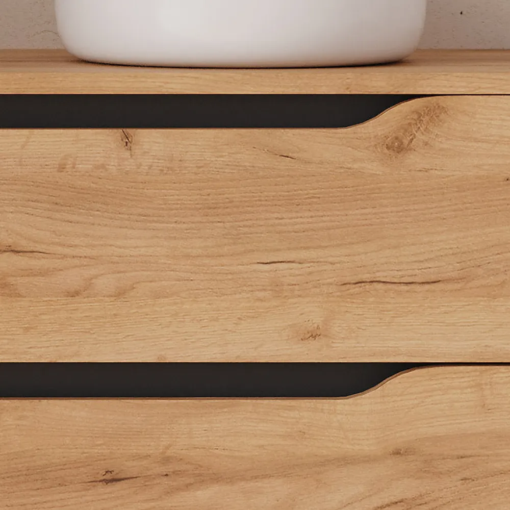 Cosyneo Meuble de salle de bain 100cm avec plateau, vasque à poser à droite Ares et miroir - 2 tiroirs et 1 placard - roble - ZARZA