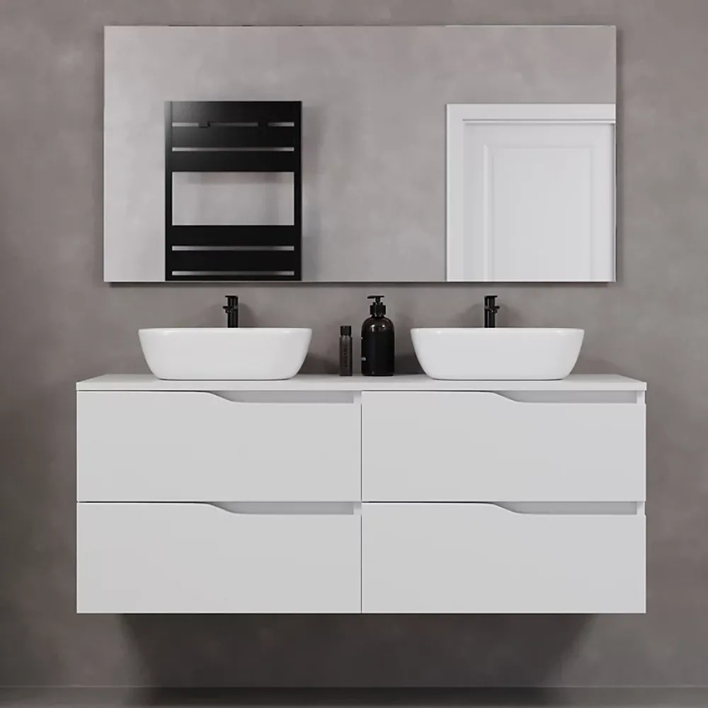 Ensemble Meuble De Salle De Bains|Cosyneo Meuble de salle de bain 140cm avec plateau et deux vasques à poser zeus - 4 tiroirs - blanc - LUNA