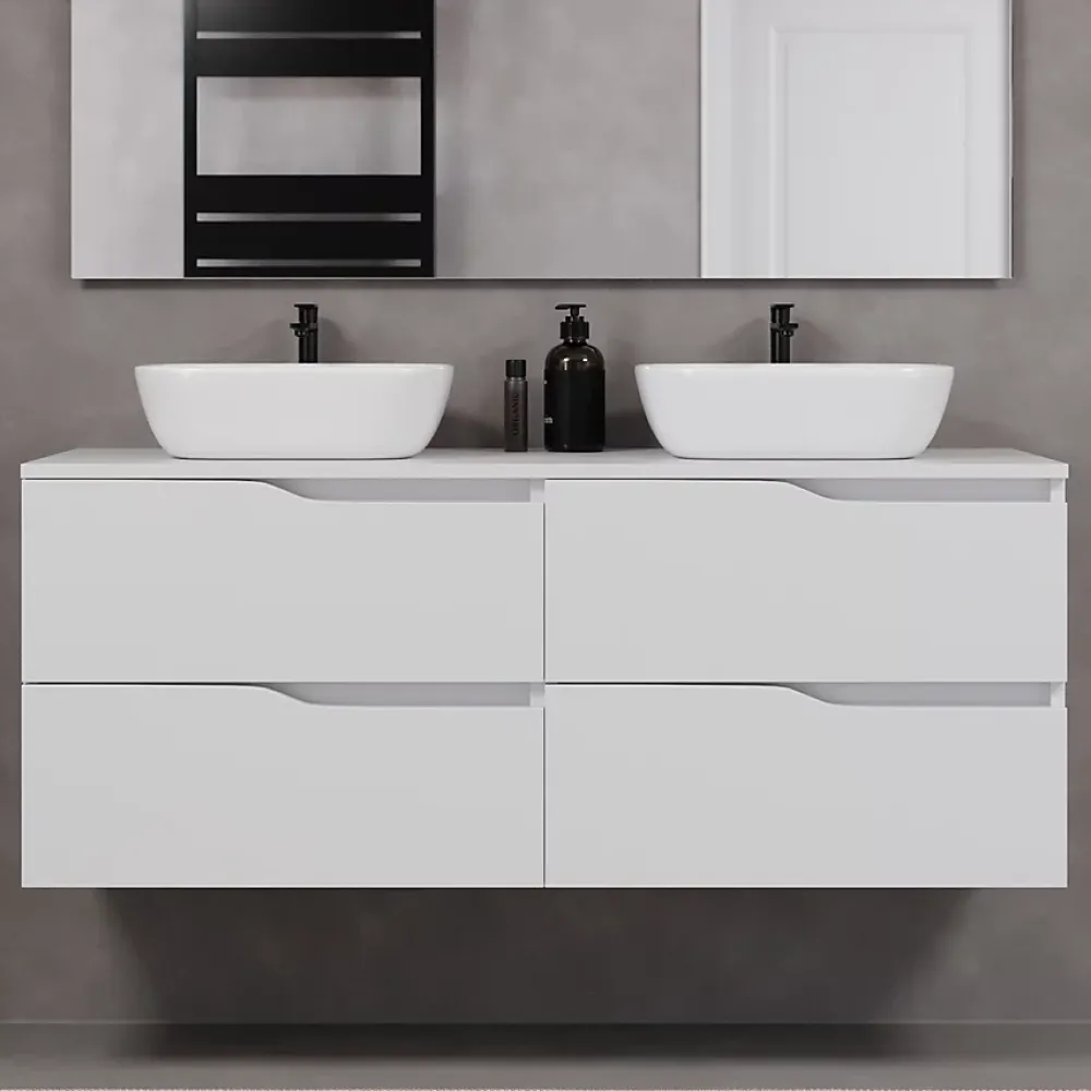 Ensemble Meuble De Salle De Bains|Cosyneo Meuble de salle de bain 140cm avec plateau et deux vasques à poser zeus - 4 tiroirs - blanc - LUNA