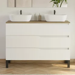 Cosyneo Meuble de salle de bain 120cm avec plateau miel et 2 vasques à poser Zeus - 3 tiroirs - sans miroir - blanc - MATA