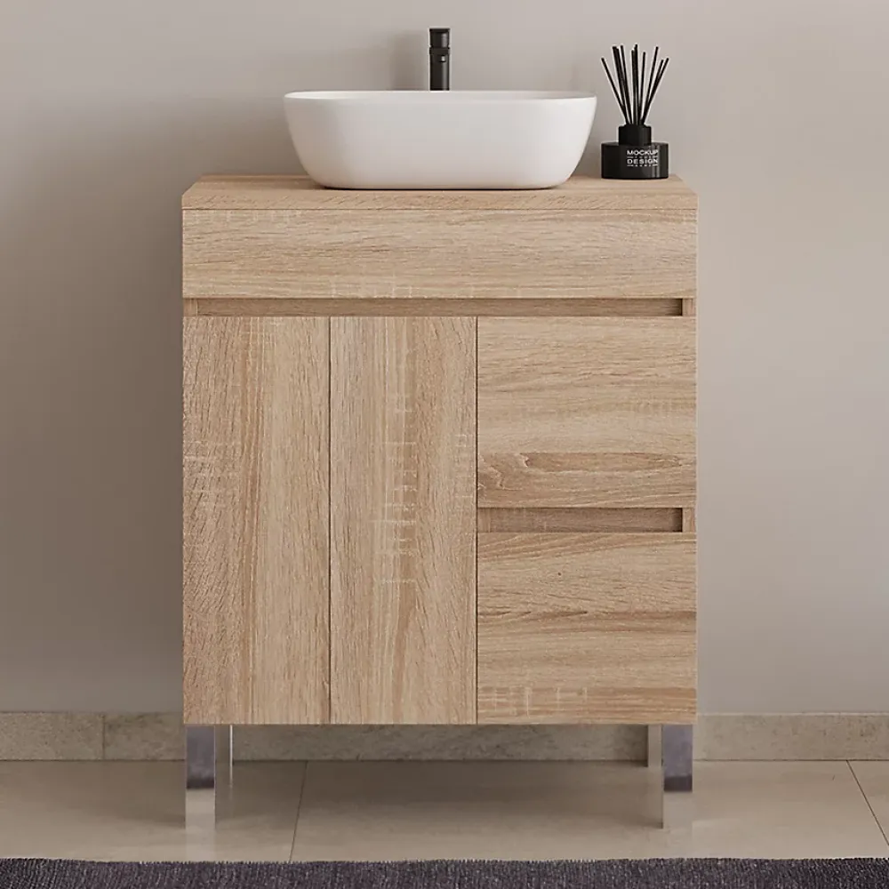Meuble Vasque|Cosyneo Meuble de salle de bain 70cm sur pieds avec plateau et 1 vasque à poser Zeus - sans miroir - portes et tiroirs - cambrian - HARO