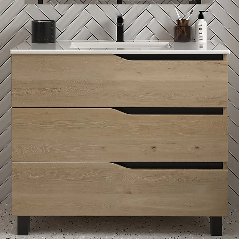 Meuble Vasque|Cosyneo Meuble de salle de bain 80cm simple vasque - sans miroir - 3 tiroirs - madera miel (bois clair) - MATA