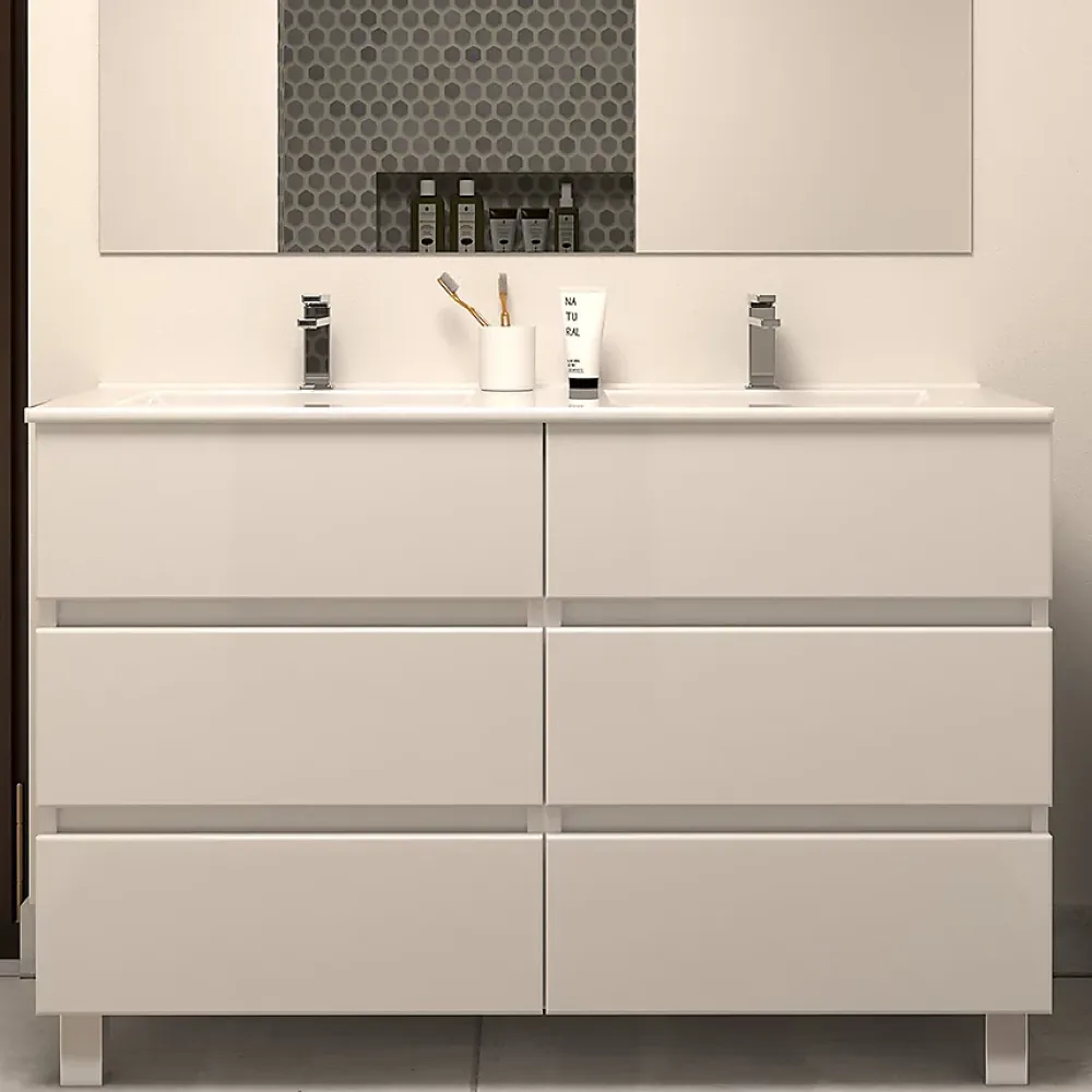 Cosyneo Meuble de salle de bain 120cm double vasque - sans miroir - 6 tiroirs - blanc - MAYOR