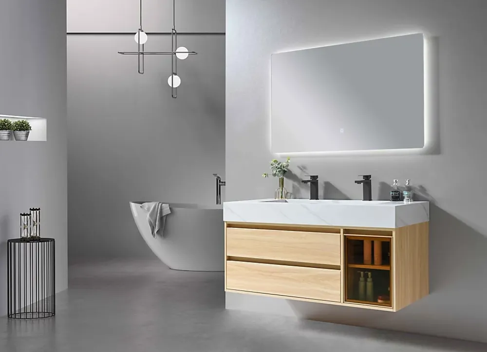 Ensemble Meuble De Salle De Bains|Luxury Bain Meuble de salle de bain double vasque 120cm bois et blanc effet marbre avec miroir LED LB-8512 LuxuryBain-
