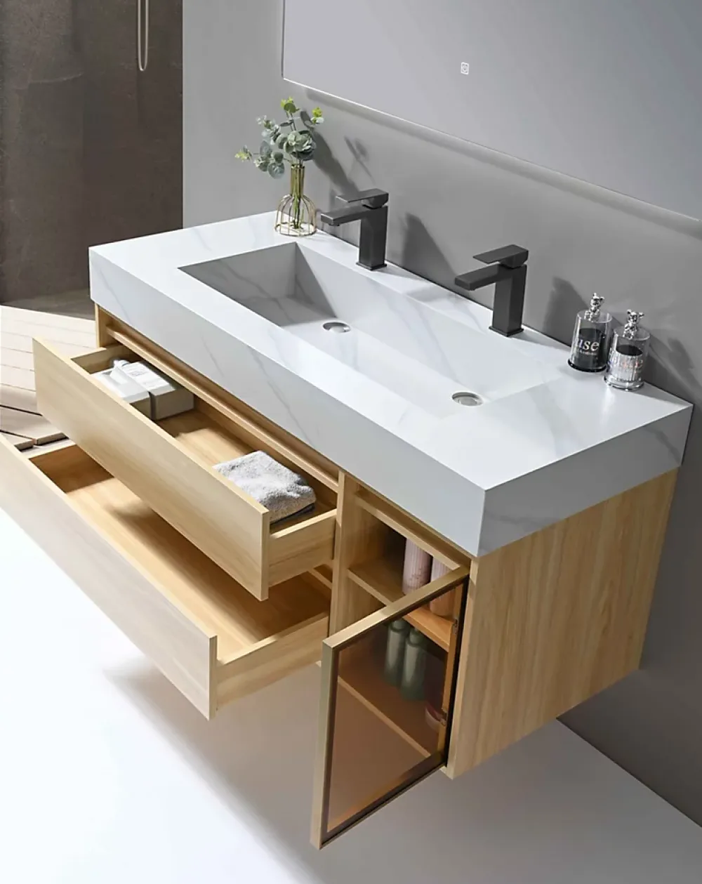 Ensemble Meuble De Salle De Bains|Luxury Bain Meuble de salle de bain double vasque 120cm bois et blanc effet marbre avec miroir LED LB-8512 LuxuryBain-