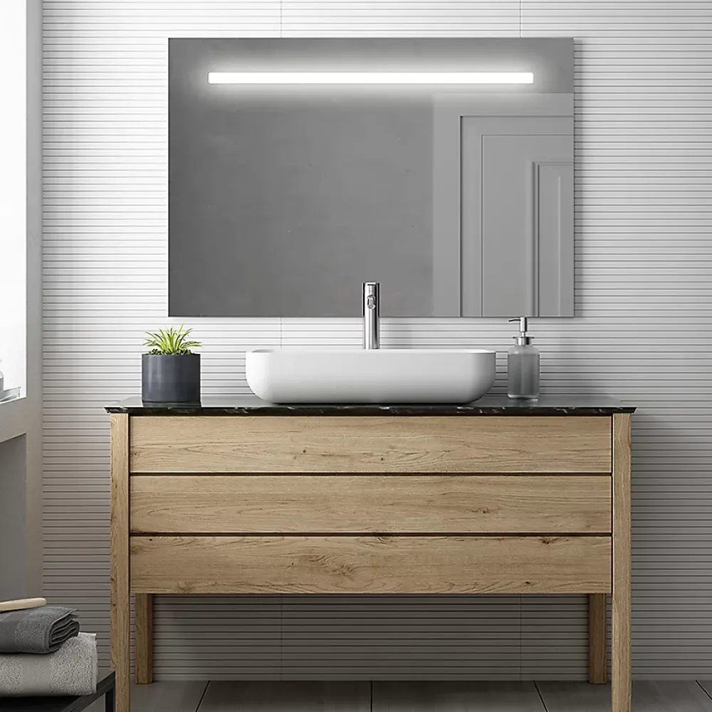 Ensemble Meuble De Salle De Bains|Cosyneo Meuble de salle de bain double vasque - 4 tiroirs - IRIS et miroir Led STAM - cambrian (chêne) - 120cm