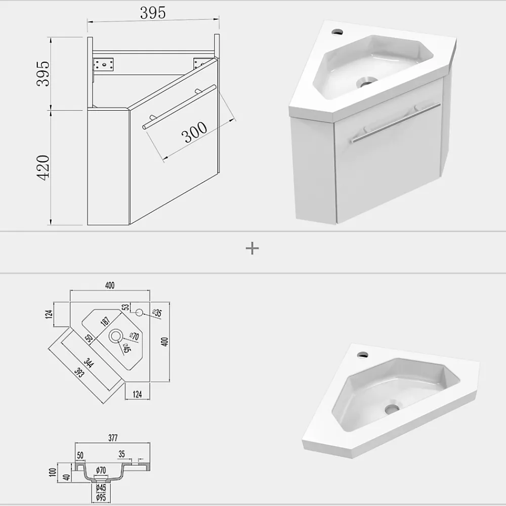 AICA Sanitaire Meuble de Salle de Bain d'Angle Gain de Place, Lave Main, Blanc Crème, 40x40 cm