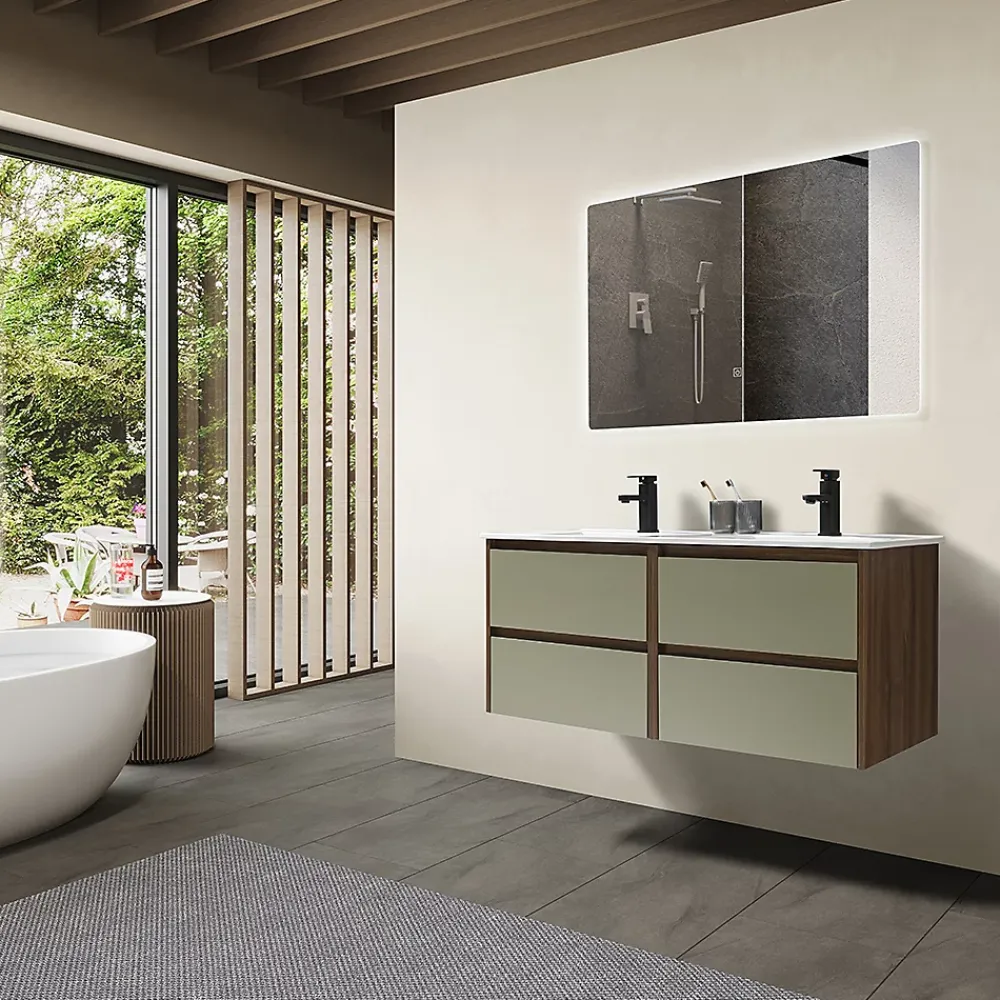 Ensemble Meuble De Salle De Bains|Luxury Bain Meuble de salle de bain double vasque 120cm bois et vert avec miroir LED LuxuryBain-