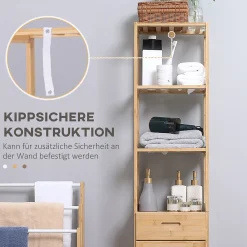 Meuble Wc|ProximaX Meuble de salle de bain en bambou naturel, avec tiroir, trois étagères et compartiment ouvert, Bois naturel.