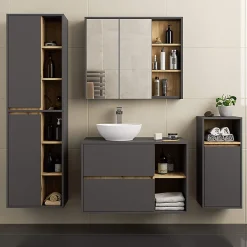 Armoire De Salle De Bains|3xE Living Meuble de salle de bain, gris graphite/chêne artisanal, 50 x 170 x 30 cm