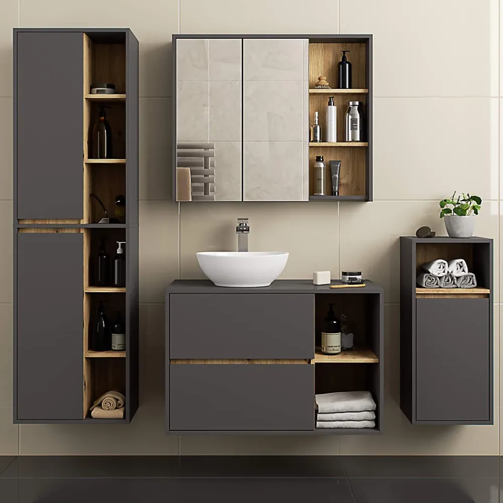 Armoire De Salle De Bains|3xE Living Meuble de salle de bain, gris graphite/chêne artisanal, 50 x 170 x 30 cm