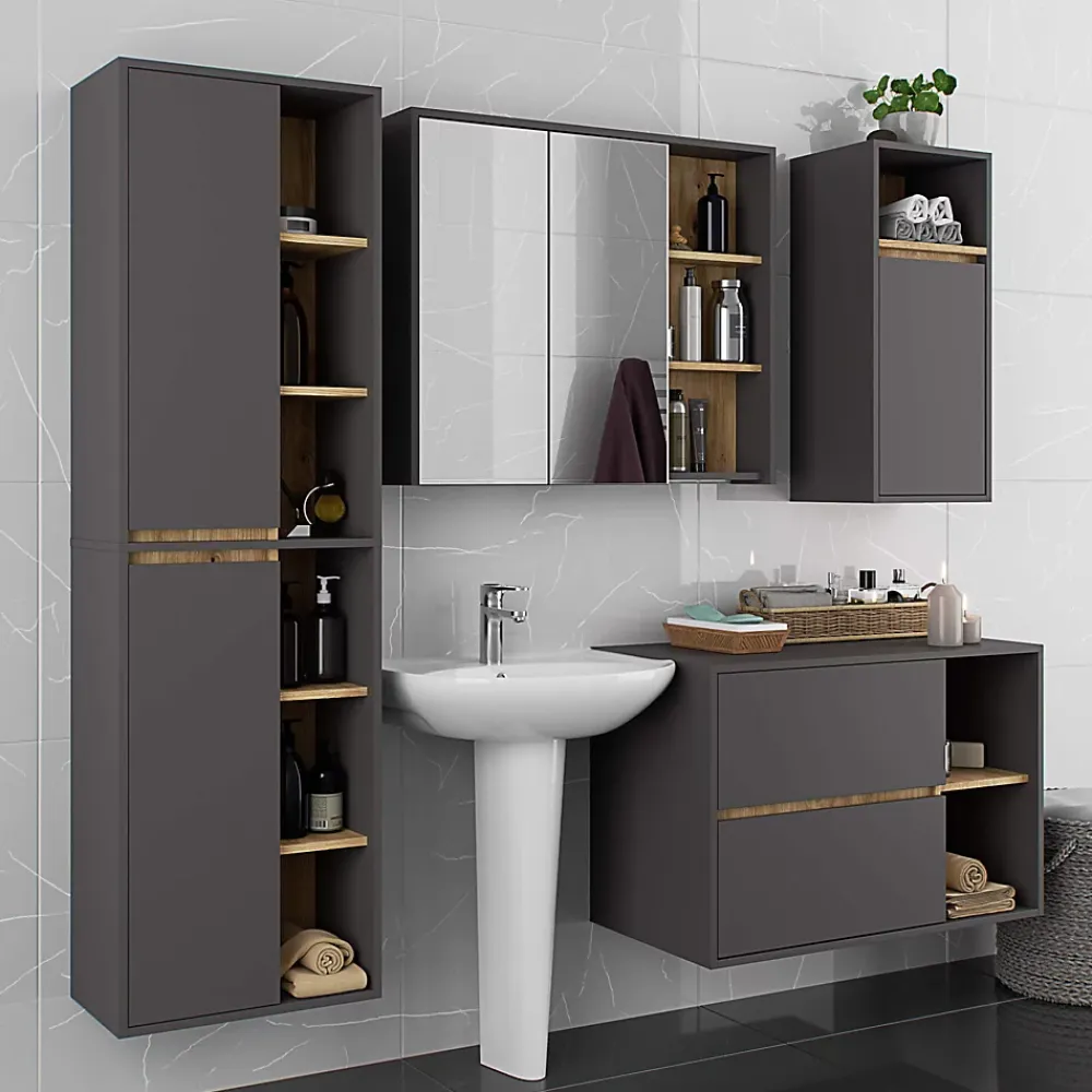 Armoire De Salle De Bains|3xE Living Meuble de salle de bain, gris graphite/chêne artisanal, 50 x 170 x 30 cm
