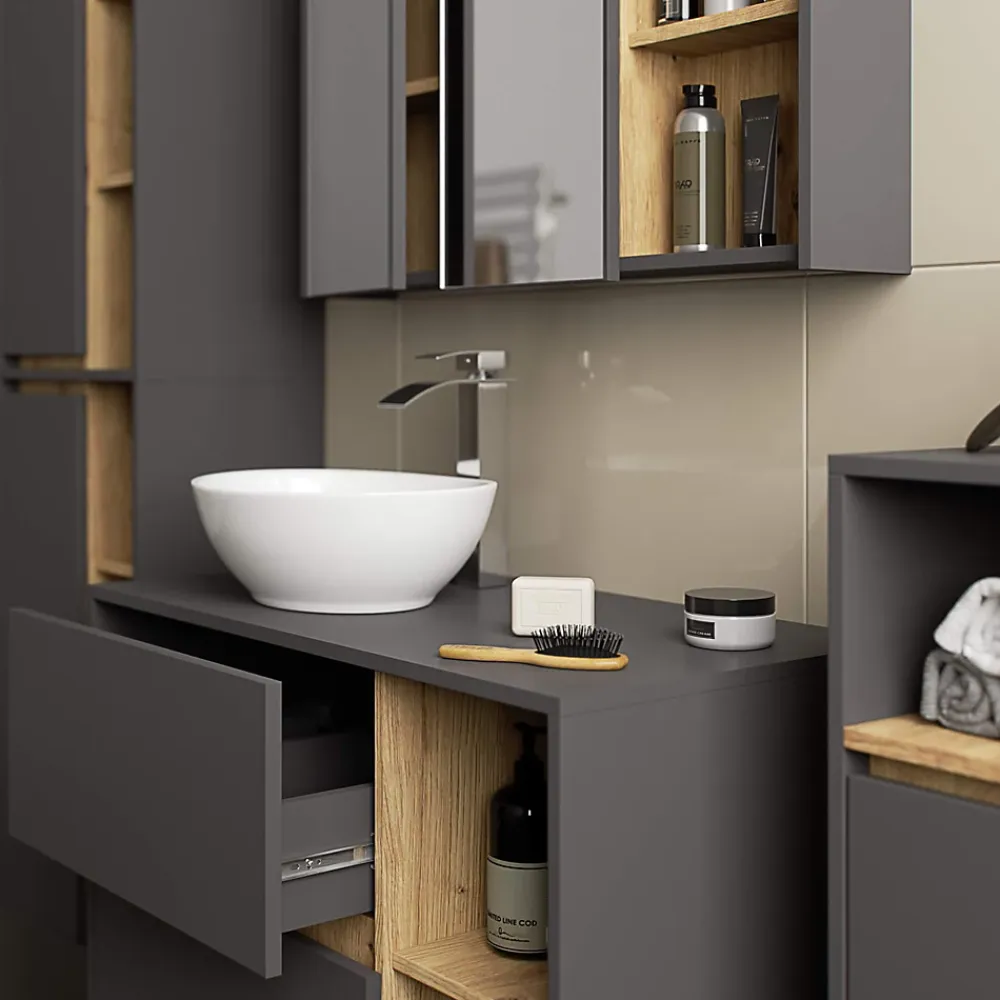 Armoire De Salle De Bains|3xE Living Meuble de salle de bain, gris graphite/chêne artisanal, 50 x 170 x 30 cm