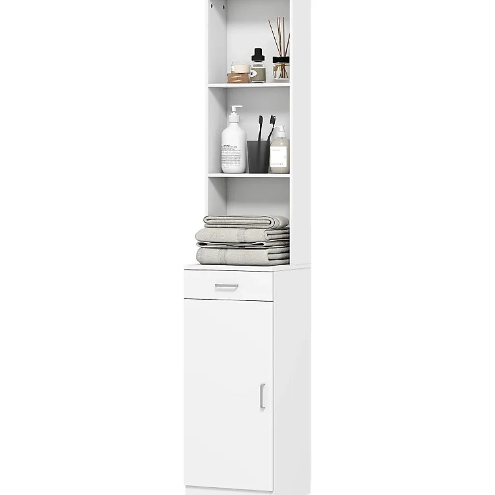 ProximaX Meuble de salle de bain haut et étroit, avec tiroir, porte et étagères réglables, pour salle de bain ou salon, blanc