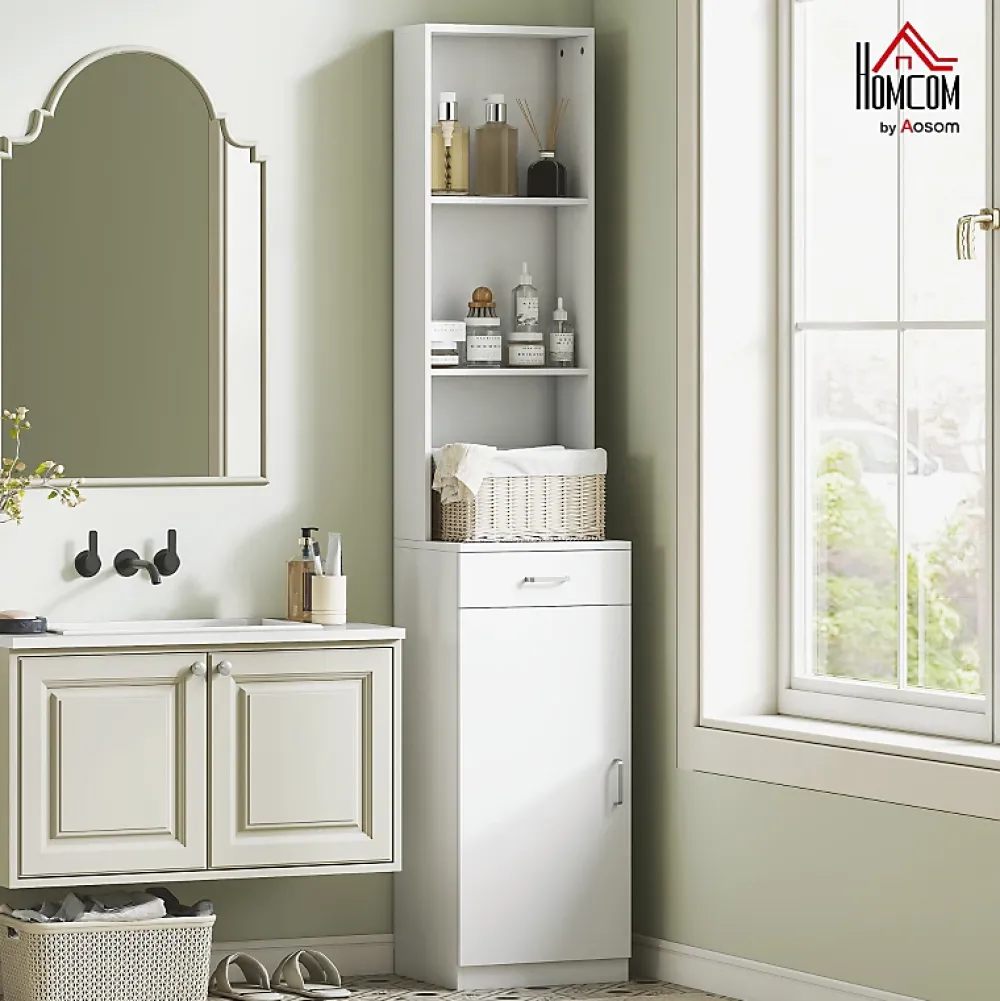 ProximaX Meuble de salle de bain haut et étroit, avec tiroir, porte et étagères réglables, pour salle de bain ou salon, blanc