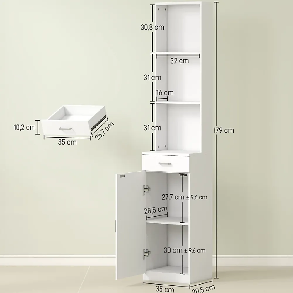 ProximaX Meuble de salle de bain haut et étroit, avec tiroir, porte et étagères réglables, pour salle de bain ou salon, blanc