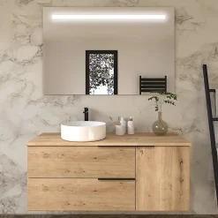 Ensemble Meuble De Salle De Bains|Cosyneo Meuble de salle de bain KING avec vasque à poser ronde et miroir Led STAM - Roble (chêne clair) - 120cm