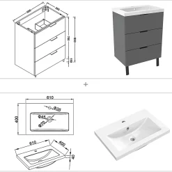 Meuble Vasque|AICA Sanitaire Meuble de salle de bain mural avec pieds Anthracite 60 cm - 3 tiroirs, lavabo inclus,