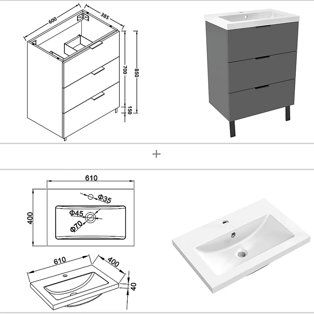 Meuble Vasque|AICA Sanitaire Meuble de salle de bain mural avec pieds Anthracite 60 cm - 3 tiroirs, lavabo inclus,