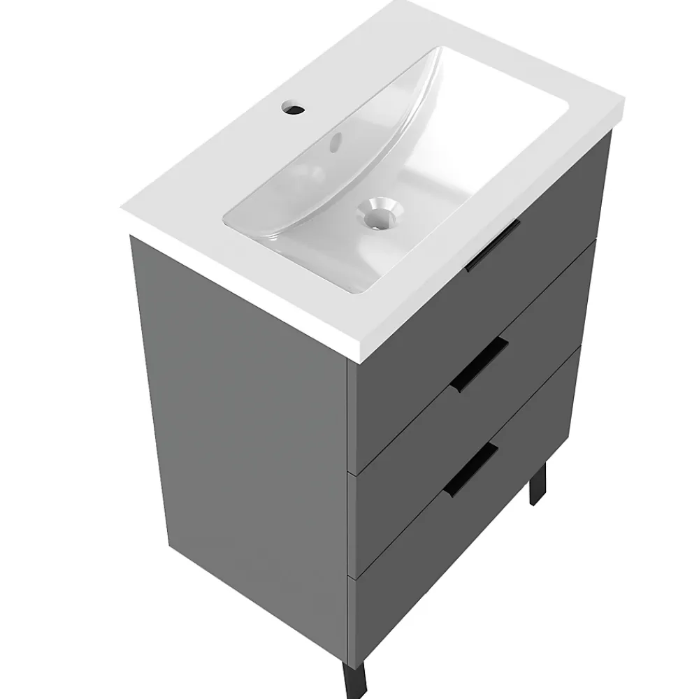 Meuble Vasque|AICA Sanitaire Meuble de salle de bain mural avec pieds Anthracite 60 cm - 3 tiroirs, lavabo inclus,