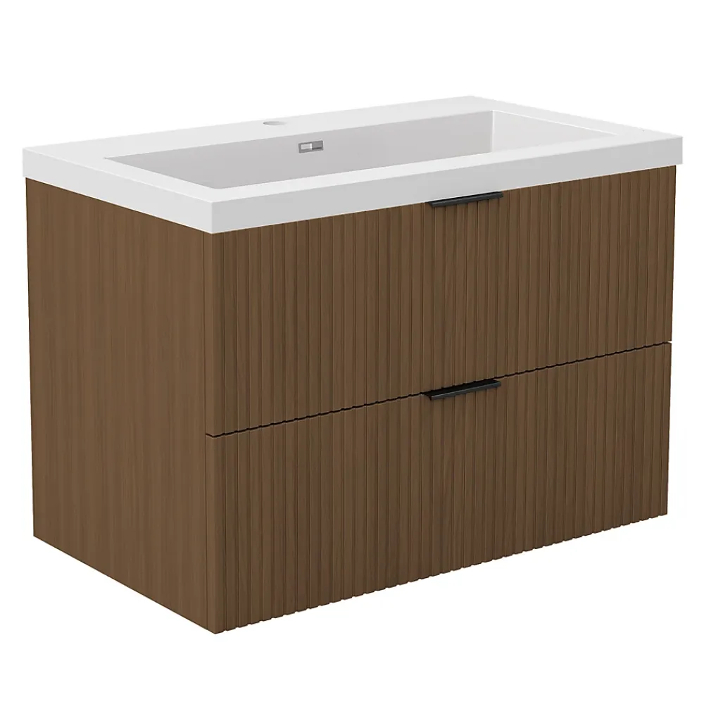 Meuble Vasque|AICA Sanitaire Meuble de salle de bain mural 80 cm Noyer - 2 tiroirs, lavabo (jointless & résistant),