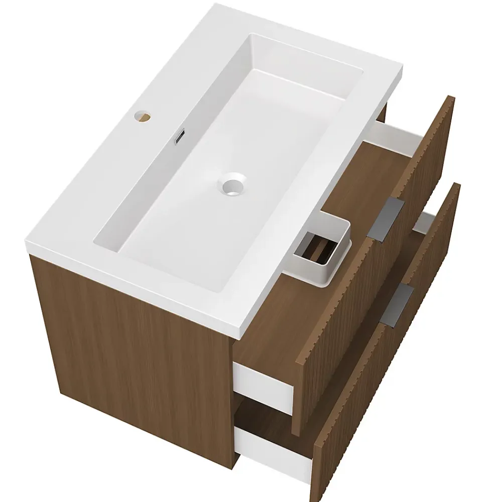 Meuble Vasque|AICA Sanitaire Meuble de salle de bain mural 80 cm Noyer - 2 tiroirs, lavabo (jointless & résistant),
