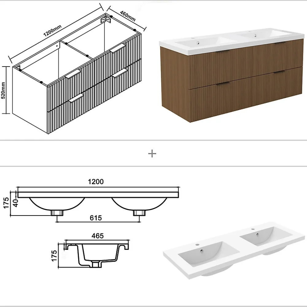 Meuble Vasque|AICA Sanitaire Meuble de salle de bain mural Noyer 120 cm - 4 tiroirs, lavabo inclus,