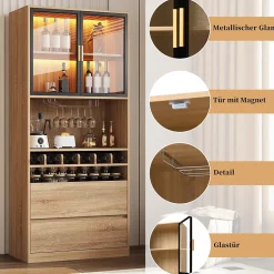 Armoire De Toilette|ProximaX Meuble de salle de bain, meuble bar, vitrine avec portes vitrées et éclairage, 180 cm
