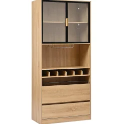 Armoire De Toilette|ProximaX Meuble de salle de bain, meuble bar, vitrine avec portes vitrées et éclairage, 180 cm