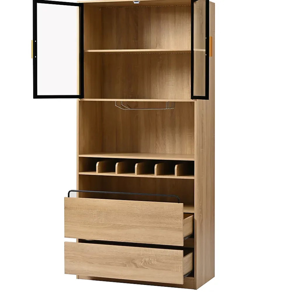Armoire De Toilette|ProximaX Meuble de salle de bain, meuble bar, vitrine avec portes vitrées et éclairage, 180 cm