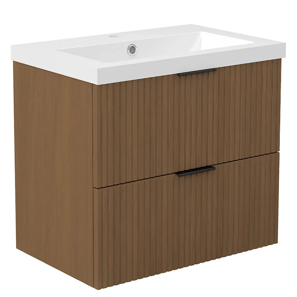 AICA Sanitaire Meuble de salle de bain mural Noyer 60 cm - 2 tiroirs, lavabo inclus,