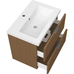AICA Sanitaire Meuble de salle de bain mural Noyer 60 cm - 2 tiroirs, lavabo inclus,