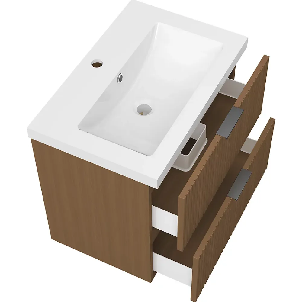 AICA Sanitaire Meuble de salle de bain mural Noyer 60 cm - 2 tiroirs, lavabo inclus,