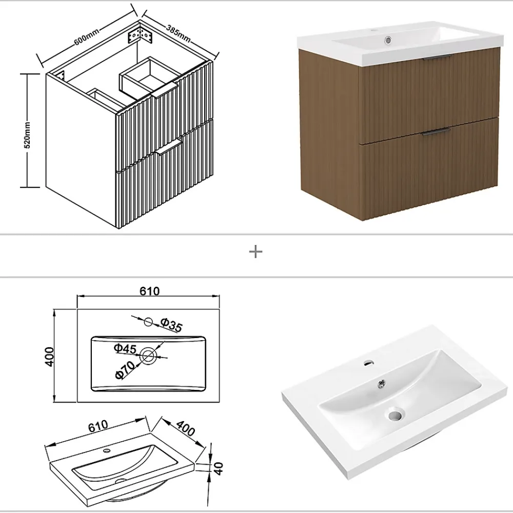 AICA Sanitaire Meuble de salle de bain mural Noyer 60 cm - 2 tiroirs, lavabo inclus,