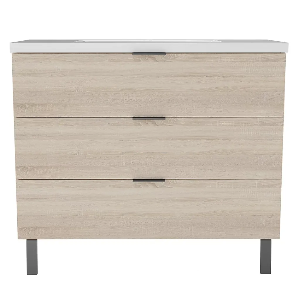 Meuble Vasque|AICA Sanitaire Meuble de salle de bain mural avec pieds Chêne 100 cm - 3 tiroirs, lavabo inclus,