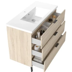 Meuble Vasque|AICA Sanitaire Meuble de salle de bain mural avec pieds Chêne 100 cm - 3 tiroirs, lavabo inclus,