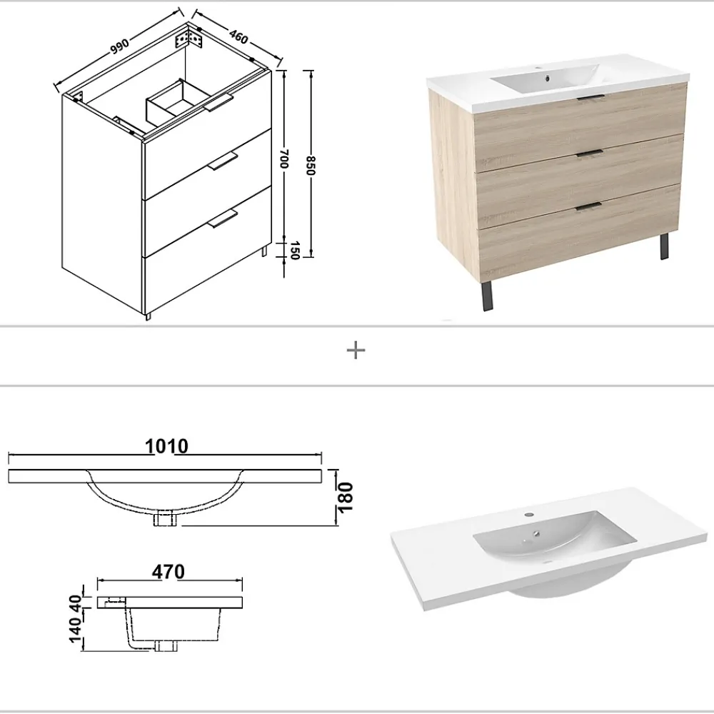 Meuble Vasque|AICA Sanitaire Meuble de salle de bain mural avec pieds Chêne 100 cm - 3 tiroirs, lavabo inclus,
