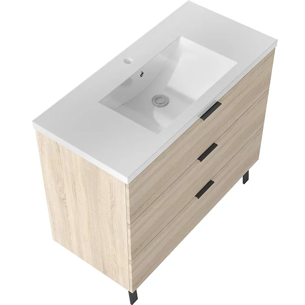 Meuble Vasque|AICA Sanitaire Meuble de salle de bain mural avec pieds Chêne 100 cm - 3 tiroirs, lavabo inclus,