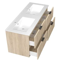 Meuble Vasque|AICA Sanitaire Meuble de salle de bain mural 120 cm Chêne - 4 tiroirs + Lavabo double en céramique,