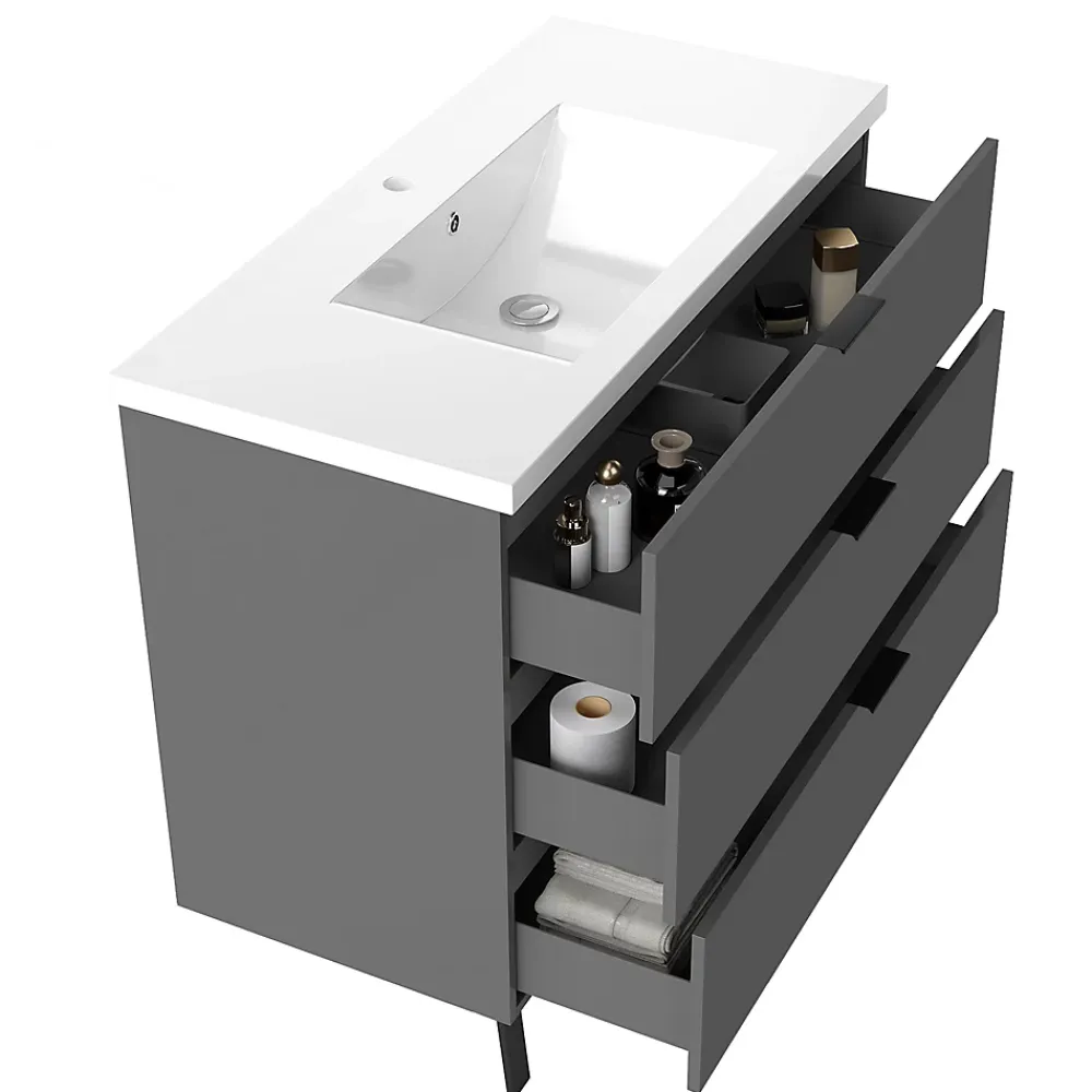 Meuble Vasque|AICA Sanitaire Meuble de salle de bain mural avec pieds Anthracite 100 cm - 3 tiroirs, lavabo inclus,