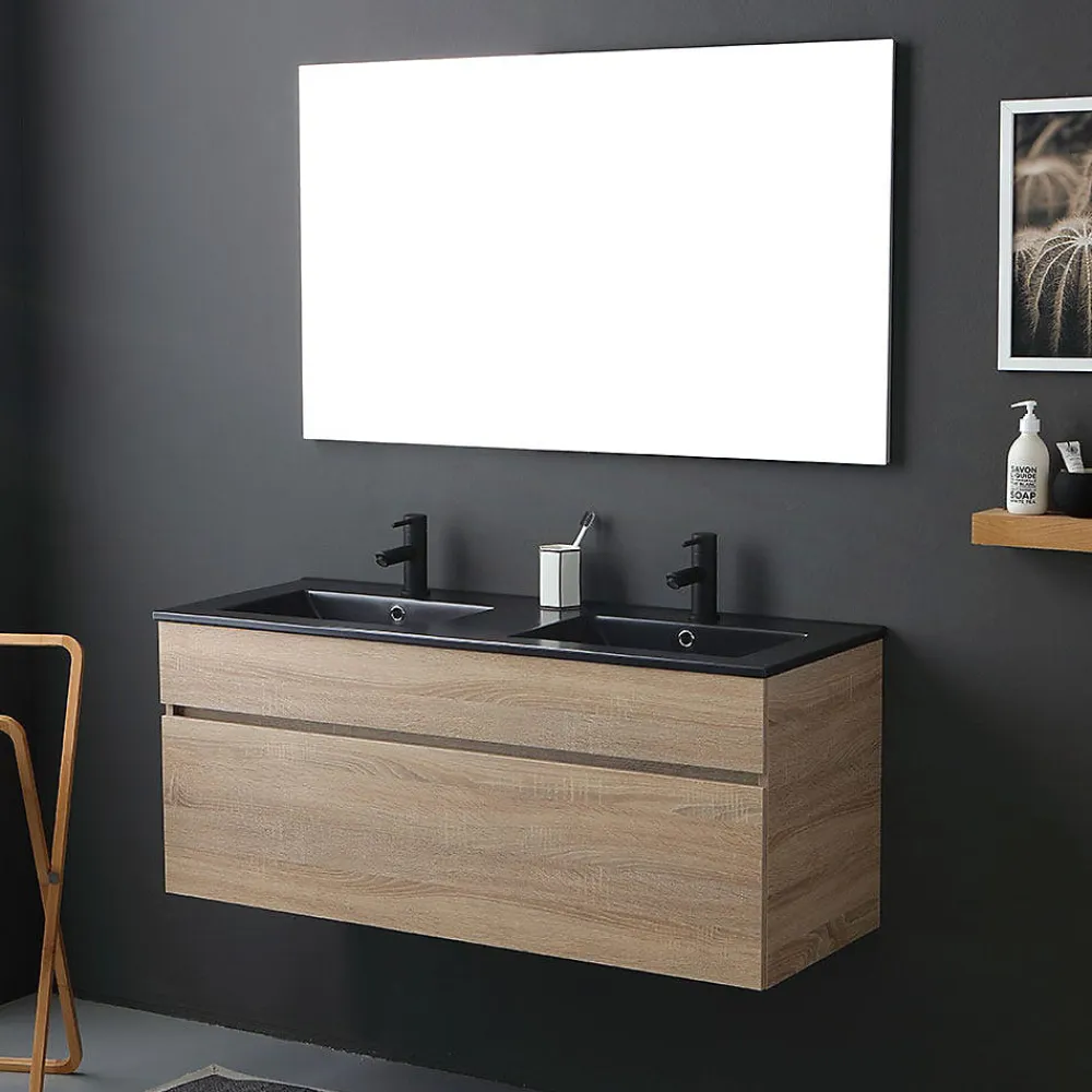 Ensemble Meuble De Salle De Bains|Kiamami Valentina Meuble De Salle De Bain Mobile 120 Cm En Chêne Naturel Avec Double Lavabo Noir Mat - Soleil