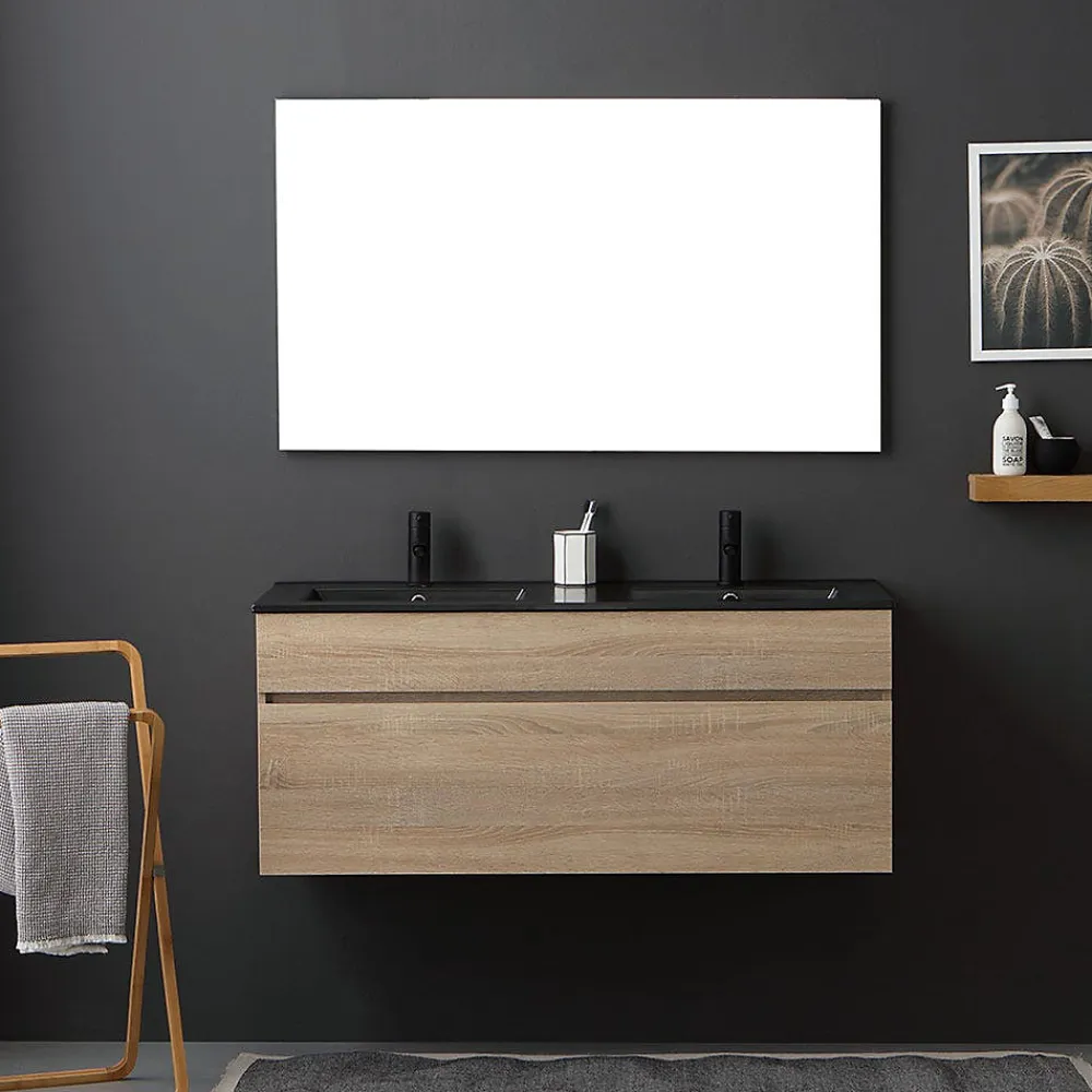 Ensemble Meuble De Salle De Bains|Kiamami Valentina Meuble De Salle De Bain Mobile 120 Cm En Chêne Naturel Avec Double Lavabo Noir Mat - Soleil